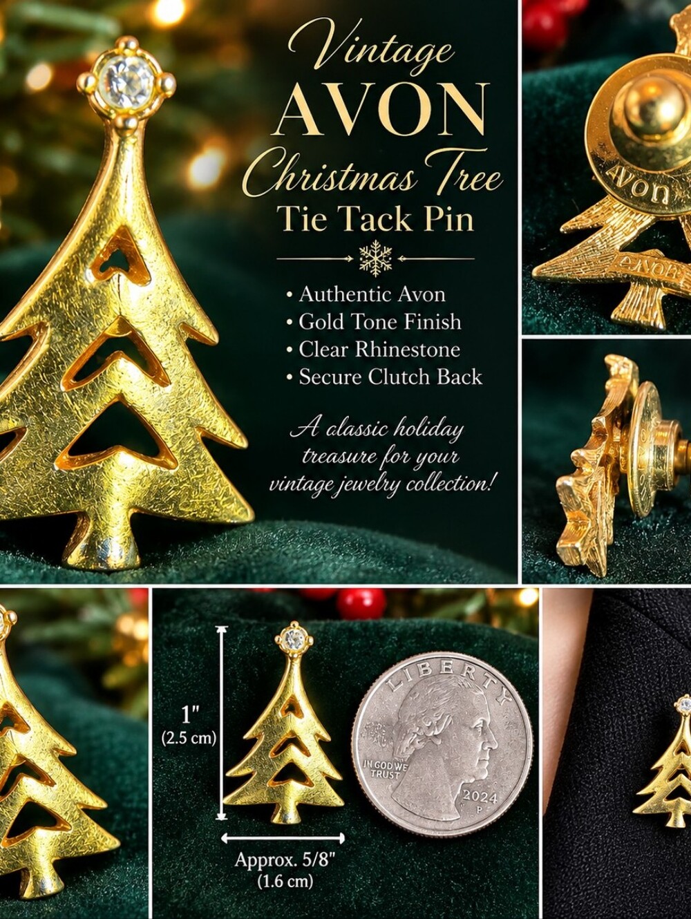 Vintage Avon Gold Tone Christmas Tree Tie Tack Pin Clear Rhinestone Lapel Pin